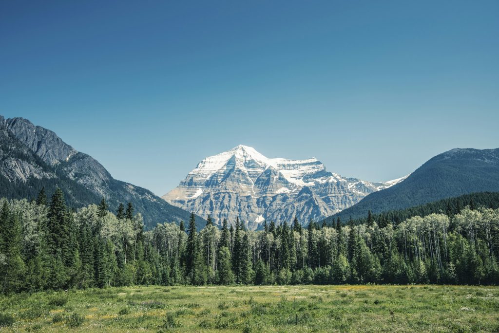 View of snow capped mount Robson, Canadian Rockies, British Columbia, Canada