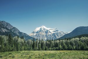 View of snow capped mount Robson, Canadian Rockies, British Columbia, Canada