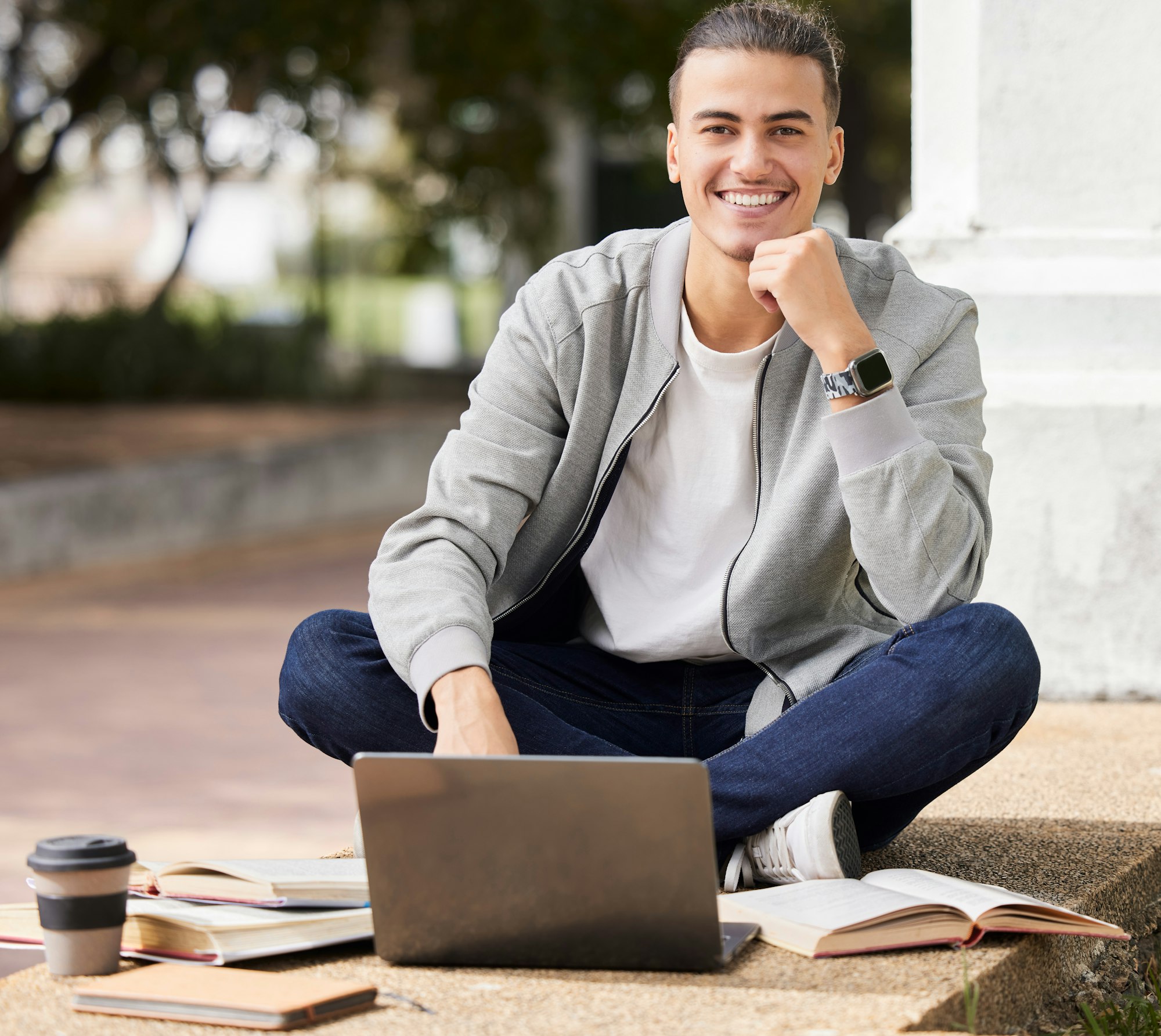 Education, laptop and student studying at college, online learning and exam preparation in Canada.